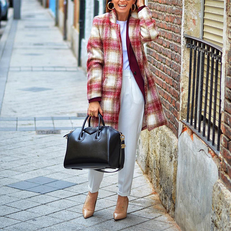 Modern Contrast Color Check Loose Overcoat