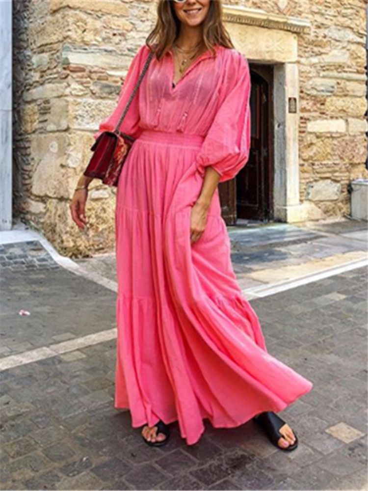 Solid Color V-Neck Lantern Sleeve Fitted Waist Splicing Long Dress