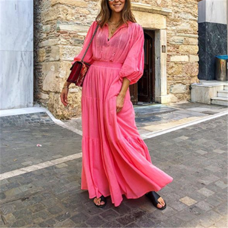 Solid Color V-Neck Lantern Sleeve Fitted Waist Splicing Long Dress
