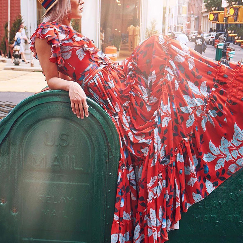 Women's Bohemian V-Neck Printed Color Ruffled Splicing Dress