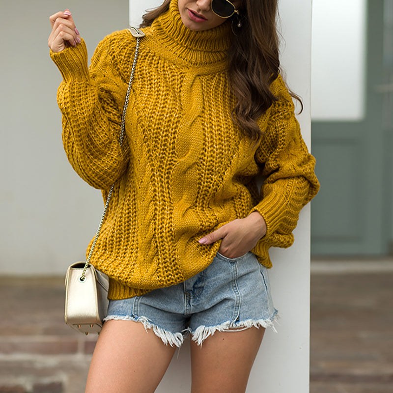 Cute High Collar Long Sleeve Pure Colour Sweater