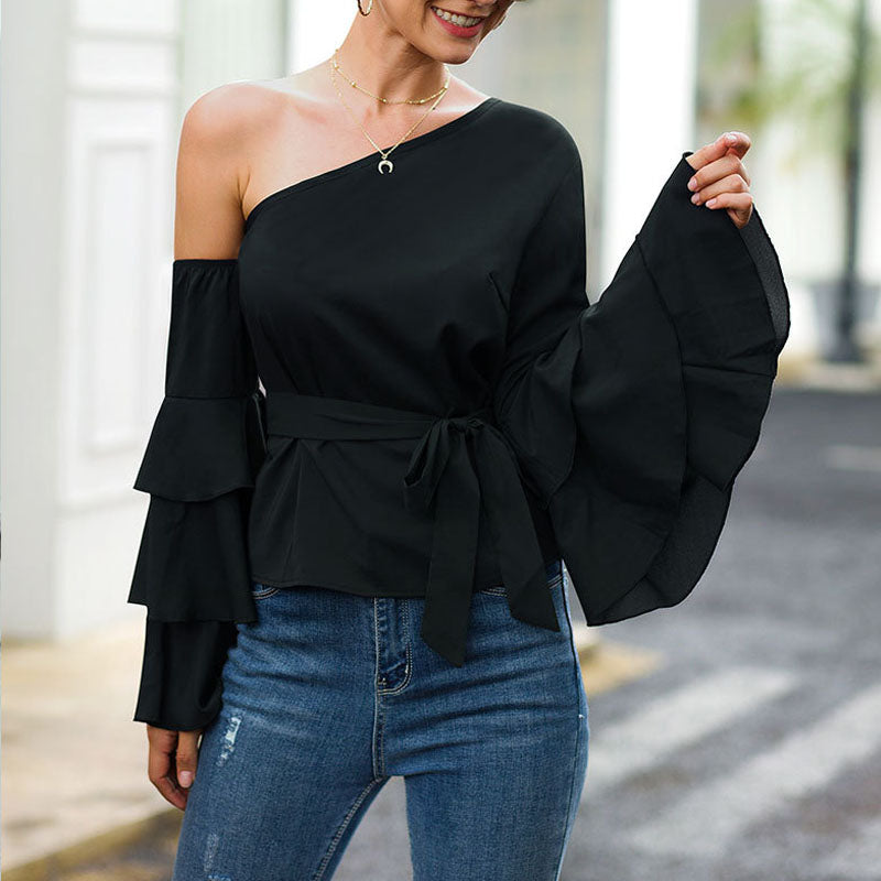 Casual Word Collar Petal Sleeve Solid Color Blouse