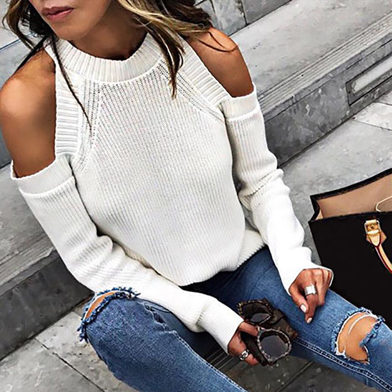 Women's Casual Pure Color Off-Shoulder Long Sleeve Sweater