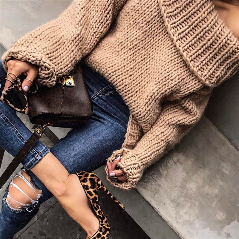 Fashion Casual Solid Color Loose Off Shoulder Knit Sweater