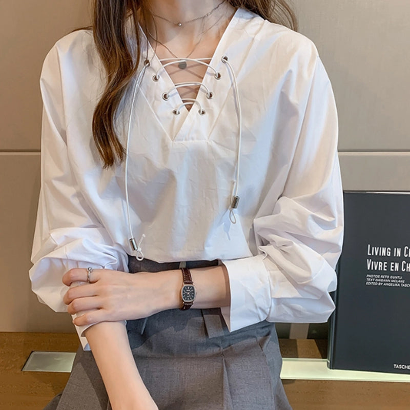 Fashion Casual V Neck Puff Sleeves Lace-Up Blouse