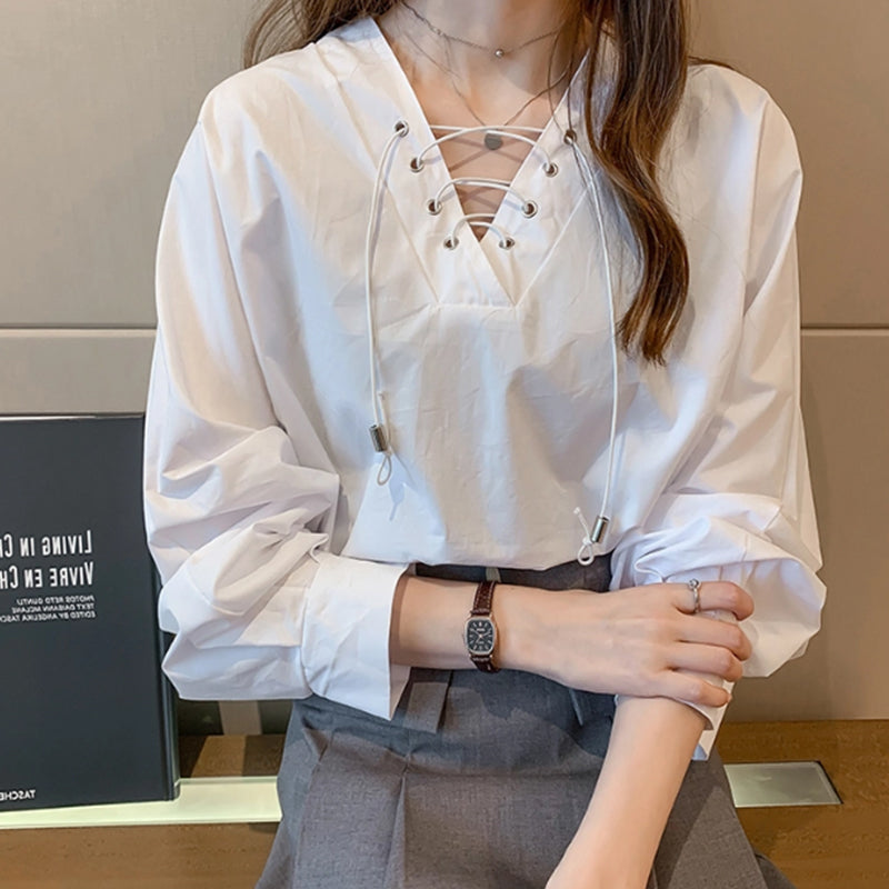 Fashion Casual V Neck Puff Sleeves Lace-Up Blouse
