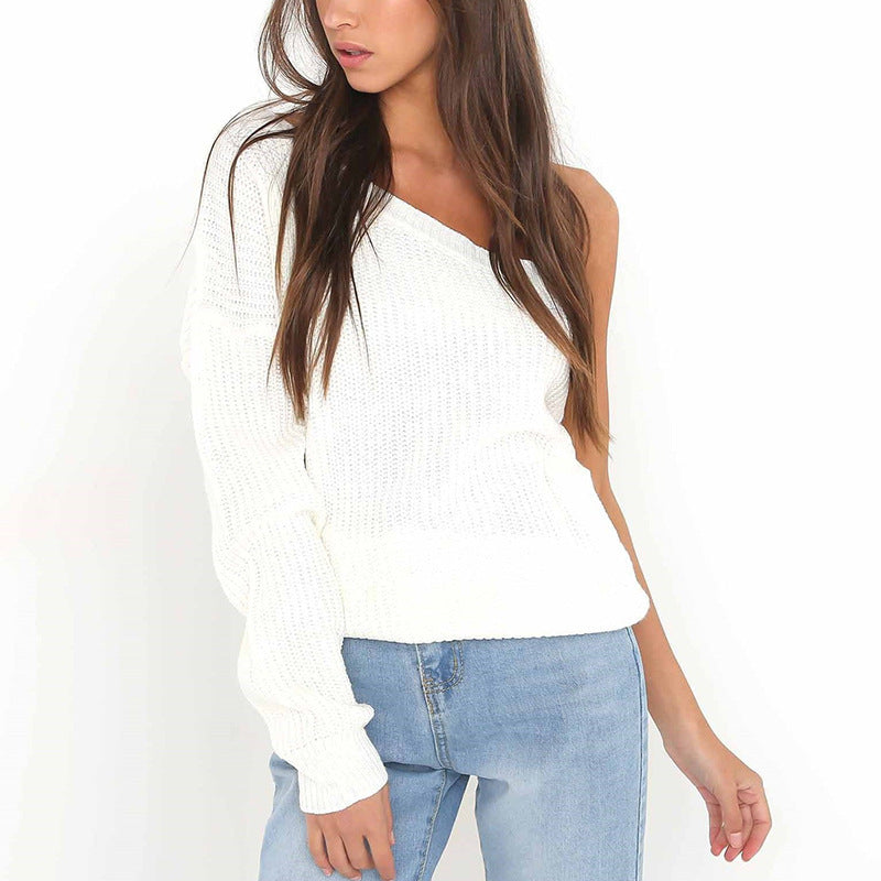 Sexy Sloping Shoulder Long Sleeve Pure Colour Sweater