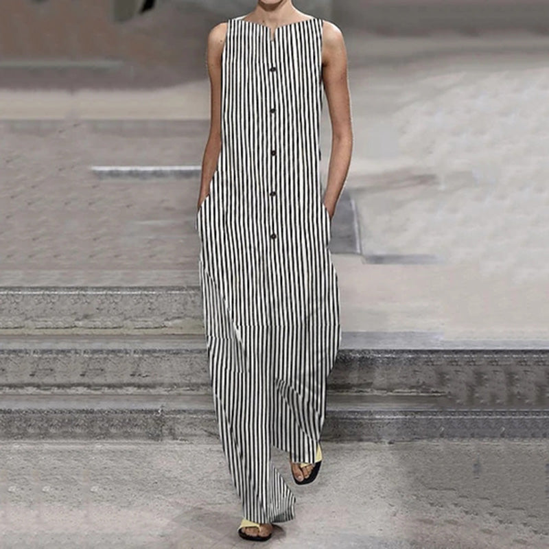 Fashion Round Neck Sleeveless Striped Single-Breasted Dress