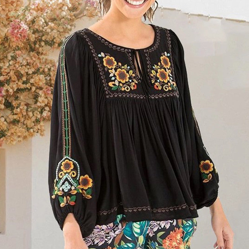 Casual Round Neck Long Sleeve Embroidered Top