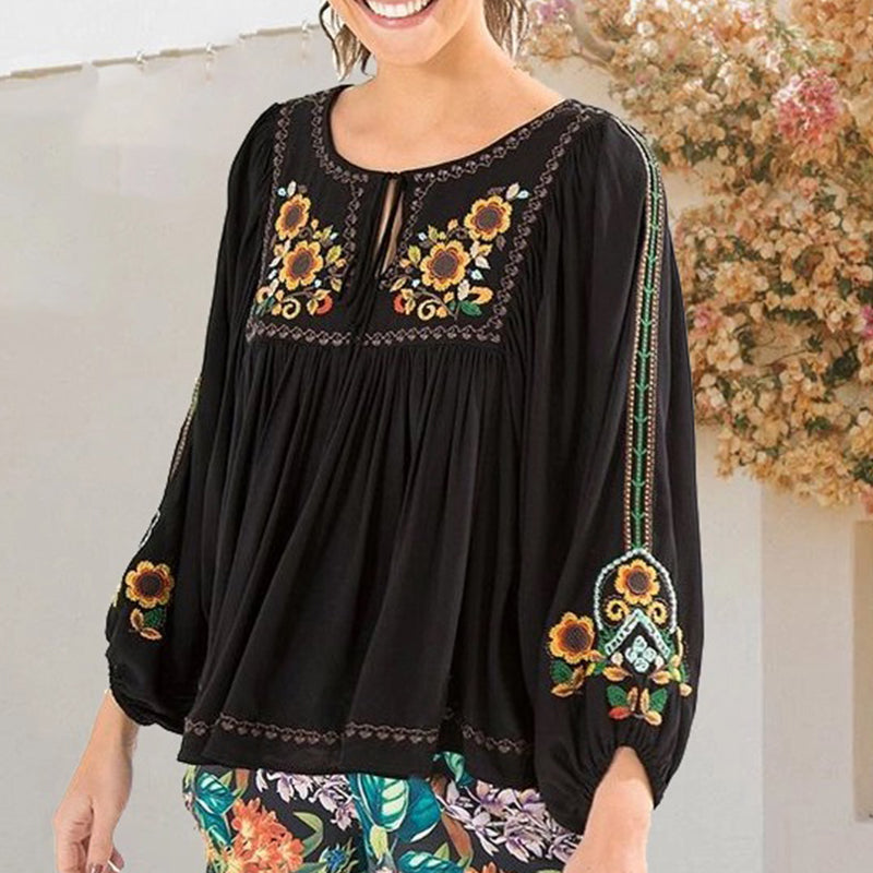 Casual Round Neck Long Sleeve Embroidered Top