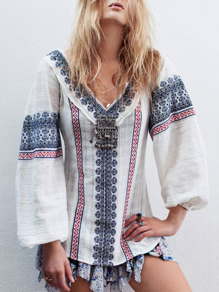 Casual V-Neck Loose Long-Sleeved Printed Top