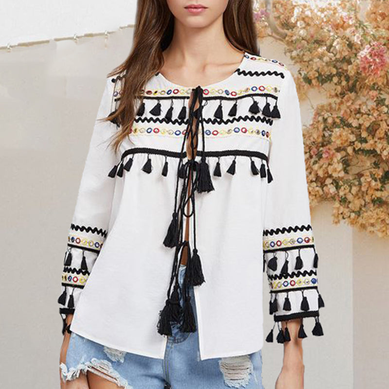 Casual Crew Neck Fringed Long Sleeve Print Top