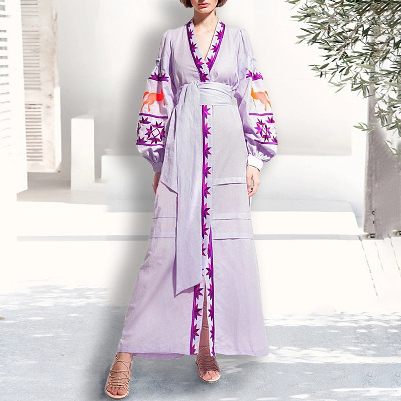 Chinese Style Printed Slit V Neck Dress