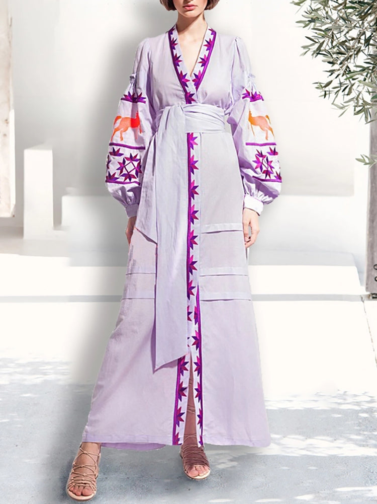Chinese Style Printed Slit V Neck Dress