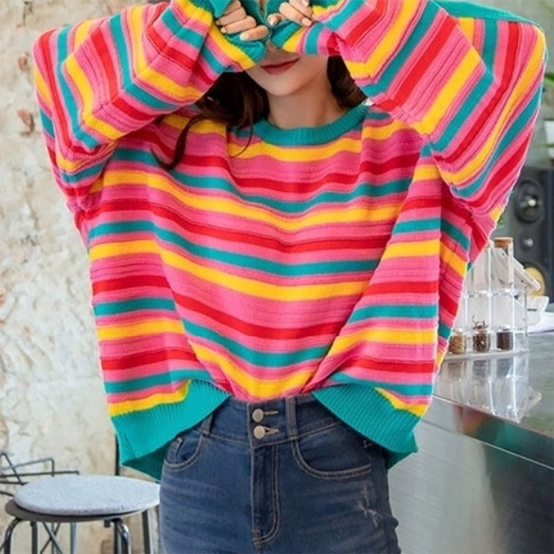 Simple And Stylish Striped Contrast Loose Long-Sleeved Sweater
