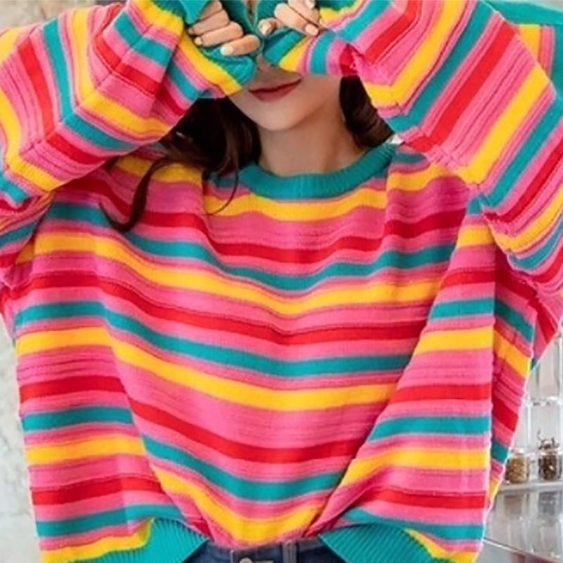 Simple And Stylish Striped Contrast Loose Long-Sleeved Sweater