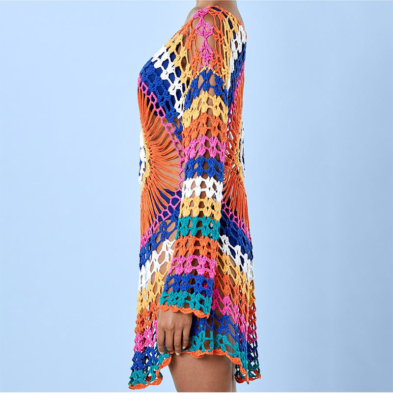 Beach Rainbow Long Sleeve Knit Openwork Dress