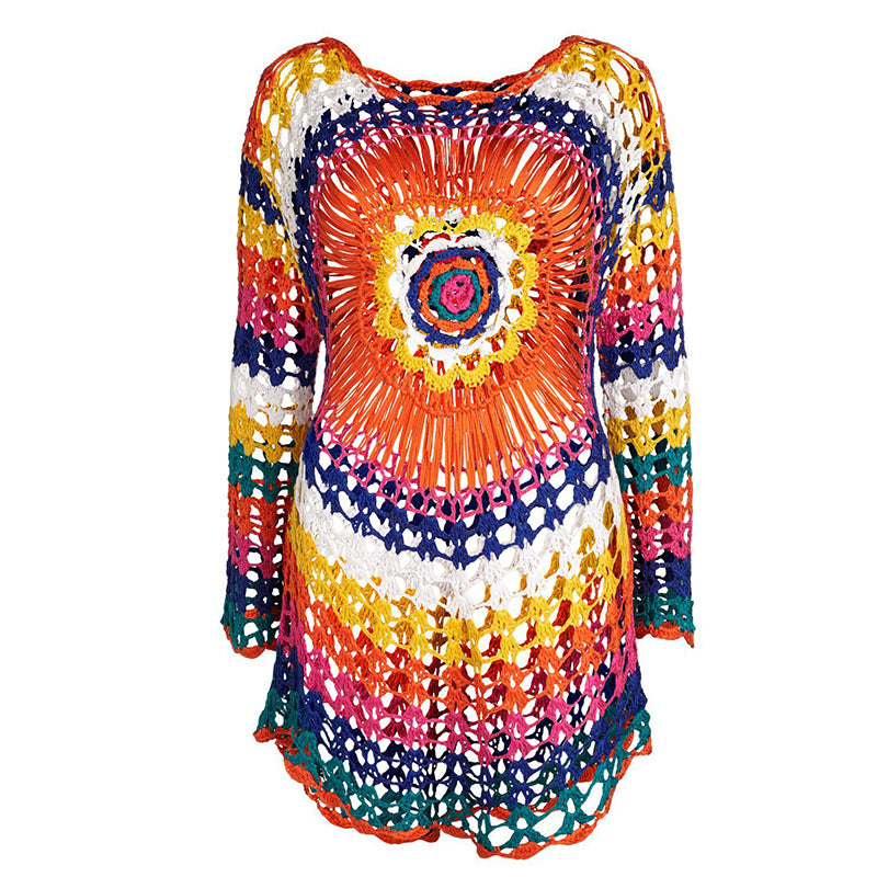 Beach Rainbow Long Sleeve Knit Openwork Dress