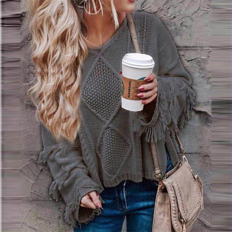 V-Neck Loose Fringed Hole Sweater