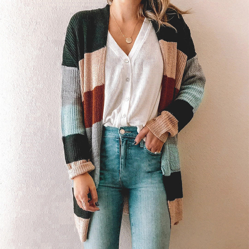 Women's Fashion Coloring Long Sleeve Patch Pocket Knit Cardigan Top