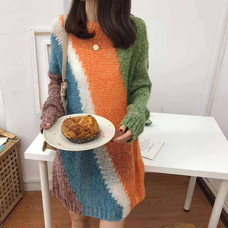 Casual Hit Color Long Mohair Pullover Sweater