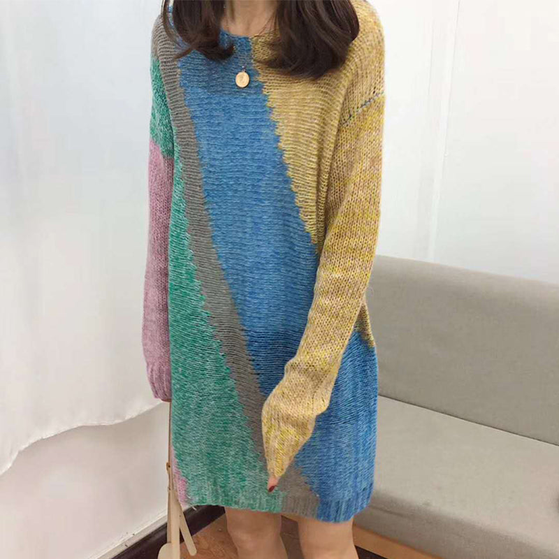Casual Hit Color Long Mohair Pullover Sweater