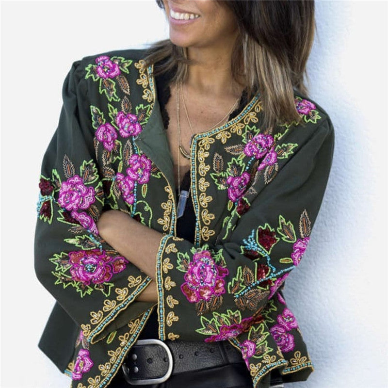 Women's Round Neck Embroidery Flower Jacket
