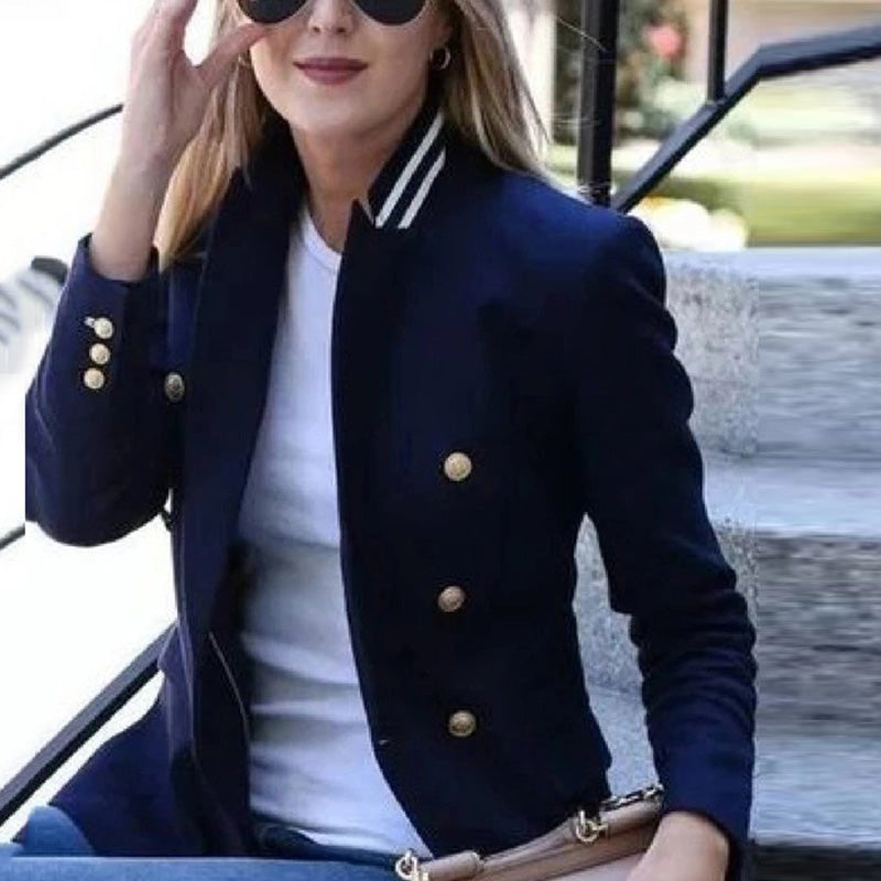 Fashion Stand Collar Decorative Button Solid Color Slim Ladies Jacket