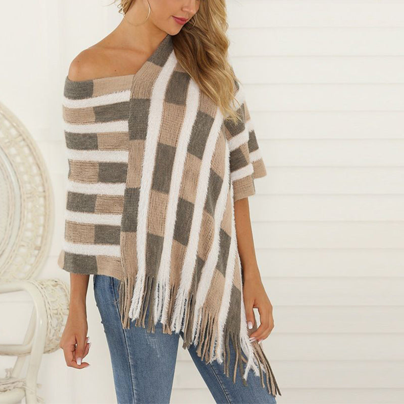 Set Of Thick Round Neck Cloak Cardigan Striped Sweater