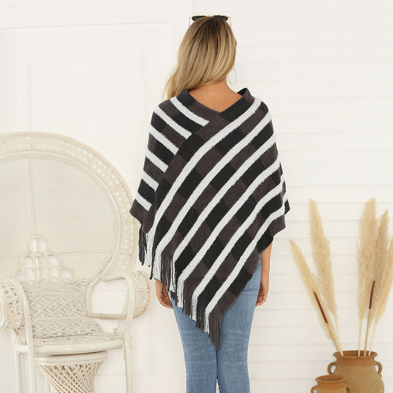 Set Of Thick Round Neck Cloak Cardigan Striped Sweater