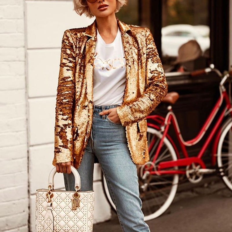 Fashion Golden Glitter Suit Collar Long Sleeves Jacket
