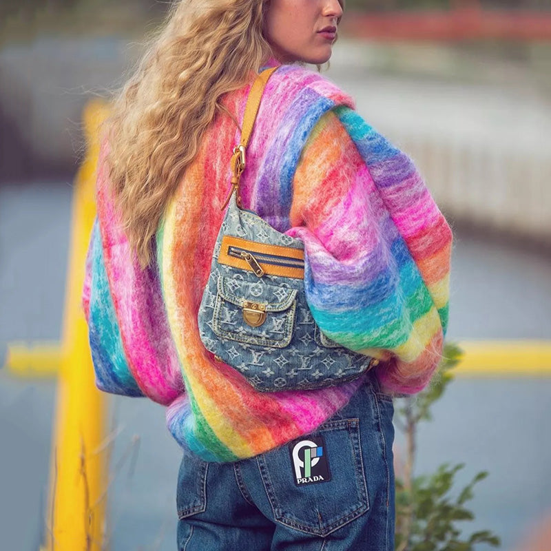 Women's Fashion Rainbow Striped Long Sleeve Knit Coat