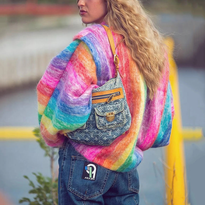 Women's Fashion Rainbow Striped Long Sleeve Knit Coat