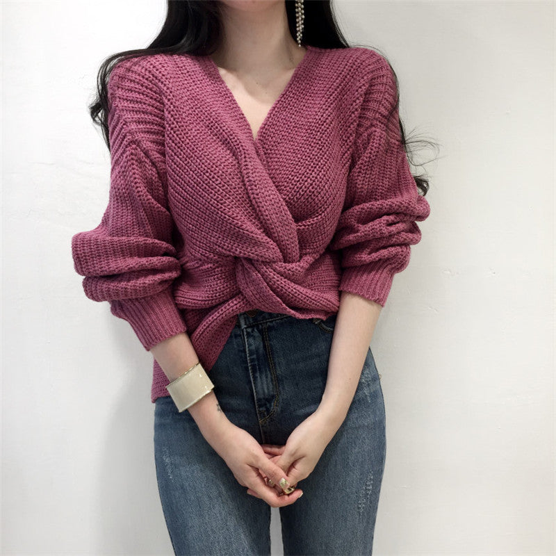 Sexy Cross Pleated Off-The-Shoulder Knit Sweater