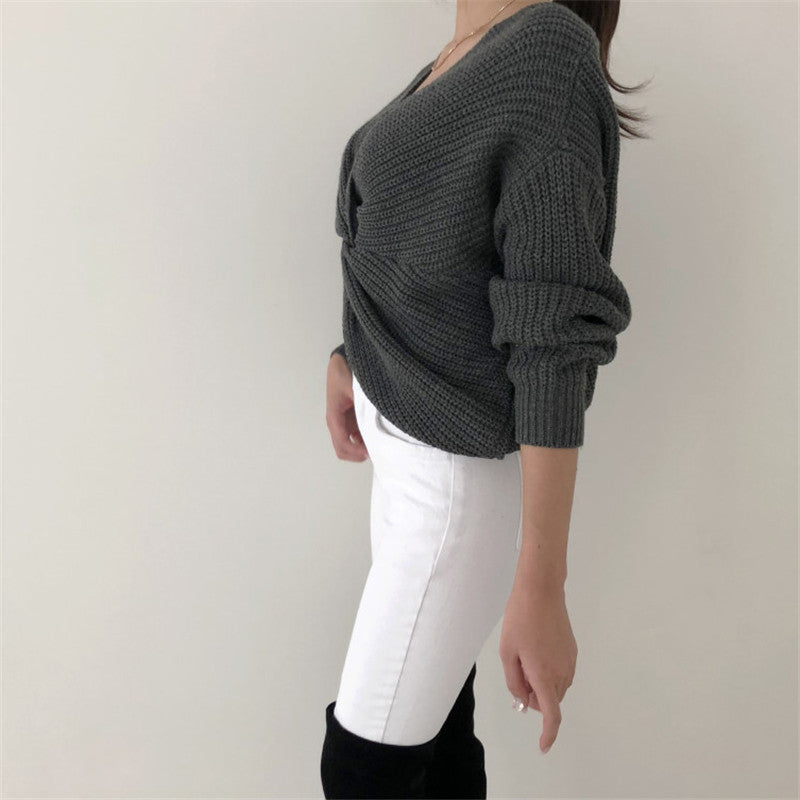 Sexy Cross Pleated Off-The-Shoulder Knit Sweater