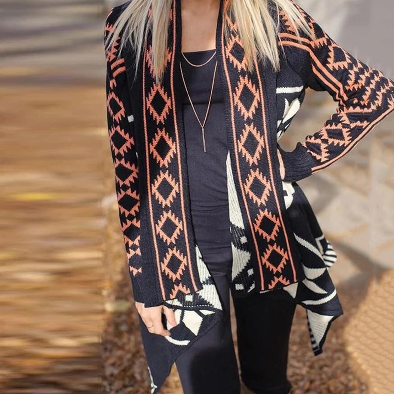 European And American Printing Irregular Hem Cardigan