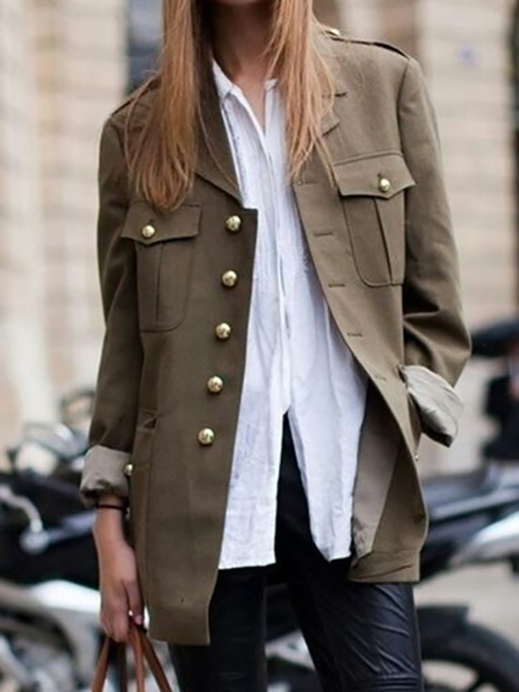 Women's Fashion Single-Breasted Pure Color Long Sleeve Trench-Coat
