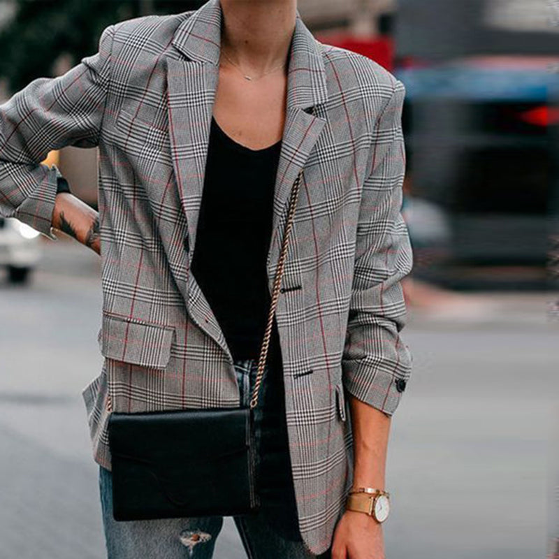 Classic Plaid Suit Collar Long Sleeves Flap Pockets Blazer