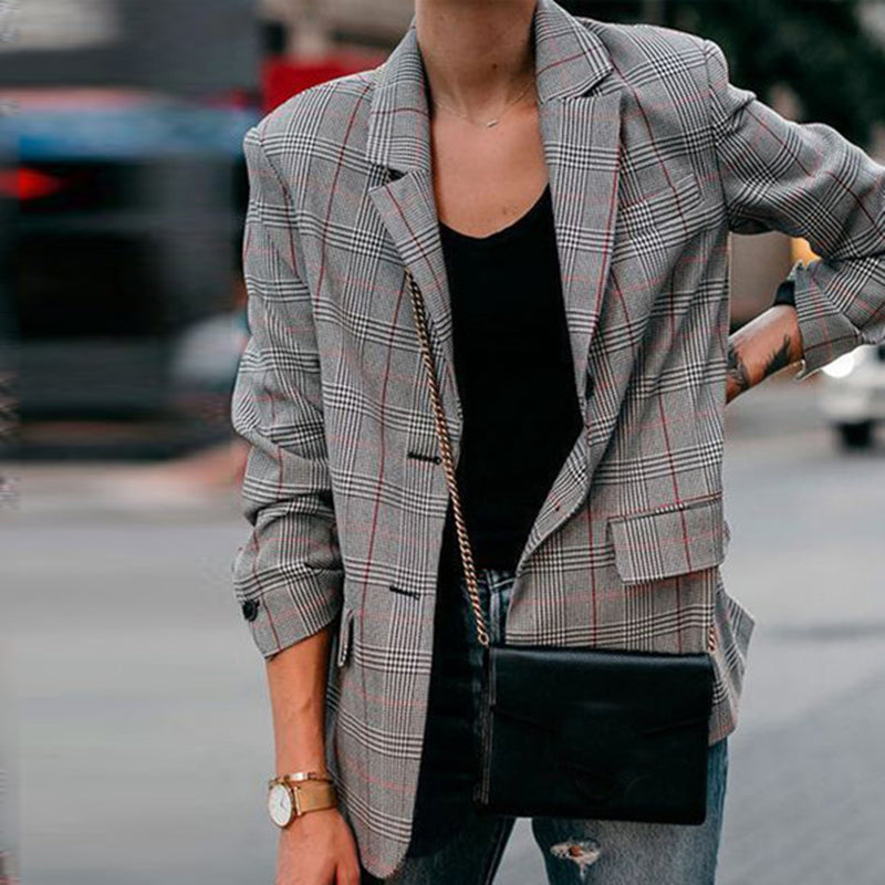 Classic Plaid Suit Collar Long Sleeves Flap Pockets Blazer