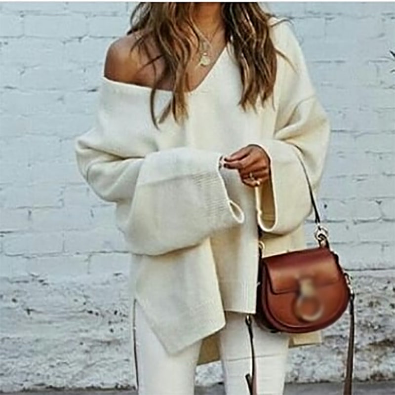 Casual Deep V Neck Loose Long Sleeve Slit Sweater