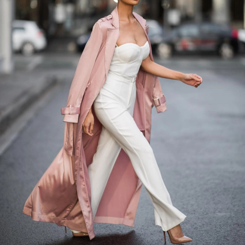 Fashion Elegant Satin Lapel Long Coat