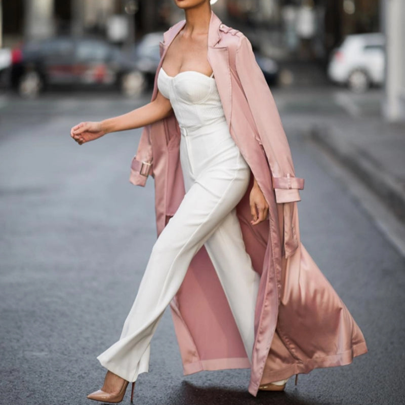 Fashion Elegant Satin Lapel Long Coat