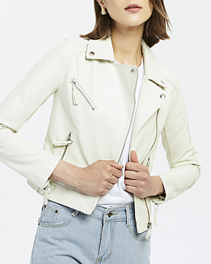 Fashion Short Lapel Slim Solid Color Leather Jacket Moto Jackets