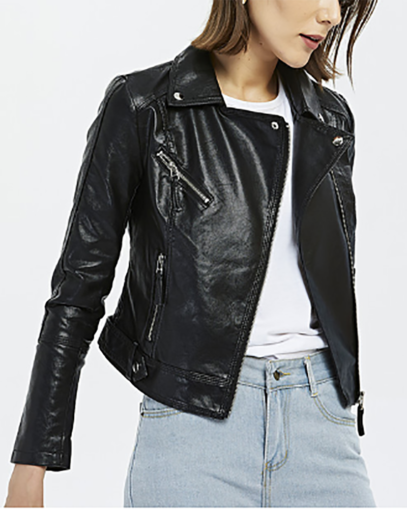 Fashion Short Lapel Slim Solid Color Leather Jacket Moto Jackets