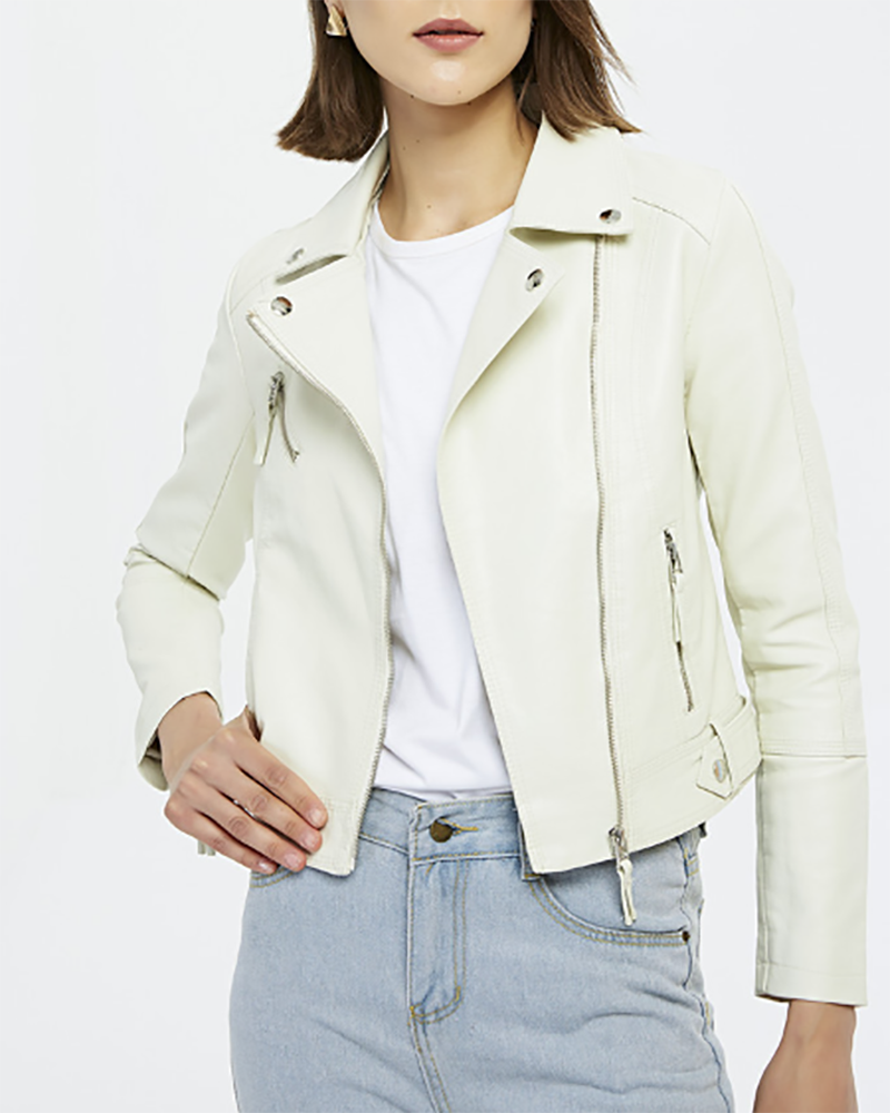 Fashion Short Lapel Slim Solid Color Leather Jacket Moto Jackets