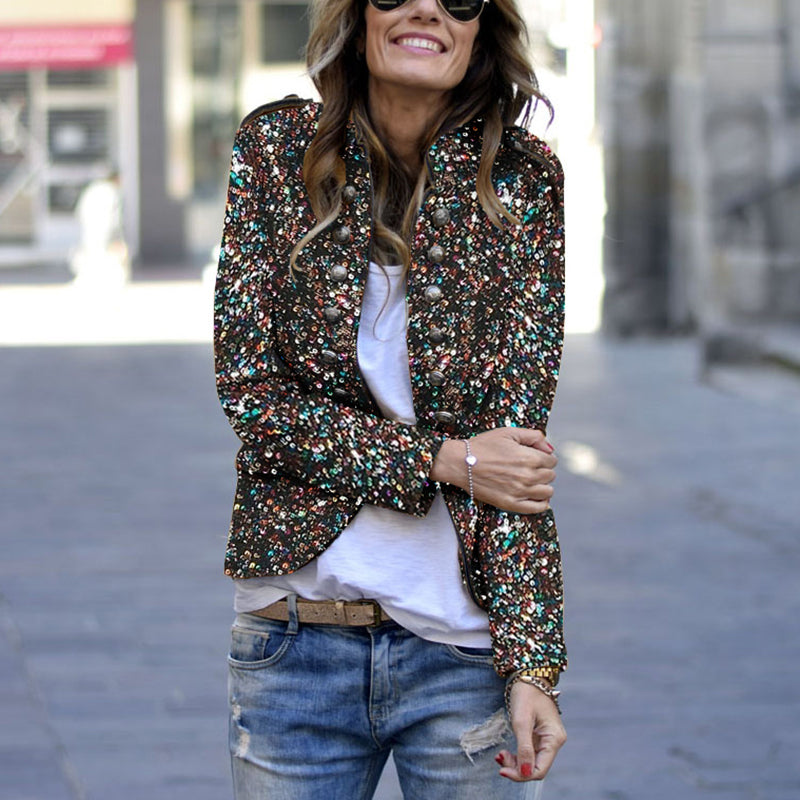 Women's Modern Paillette Long Sleeve Decorative Button Jacket