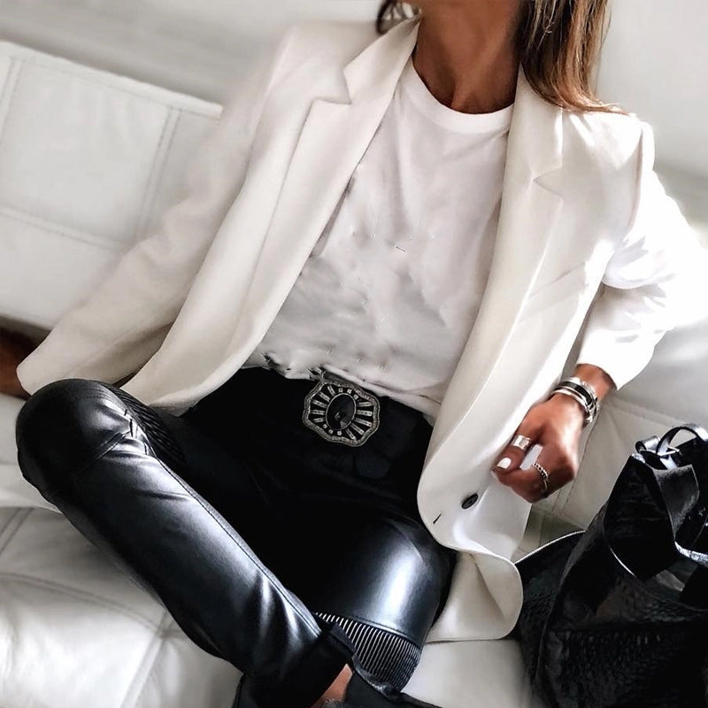 Formal Fold Collar Solid Color Stitching Ladies Blazer Suit