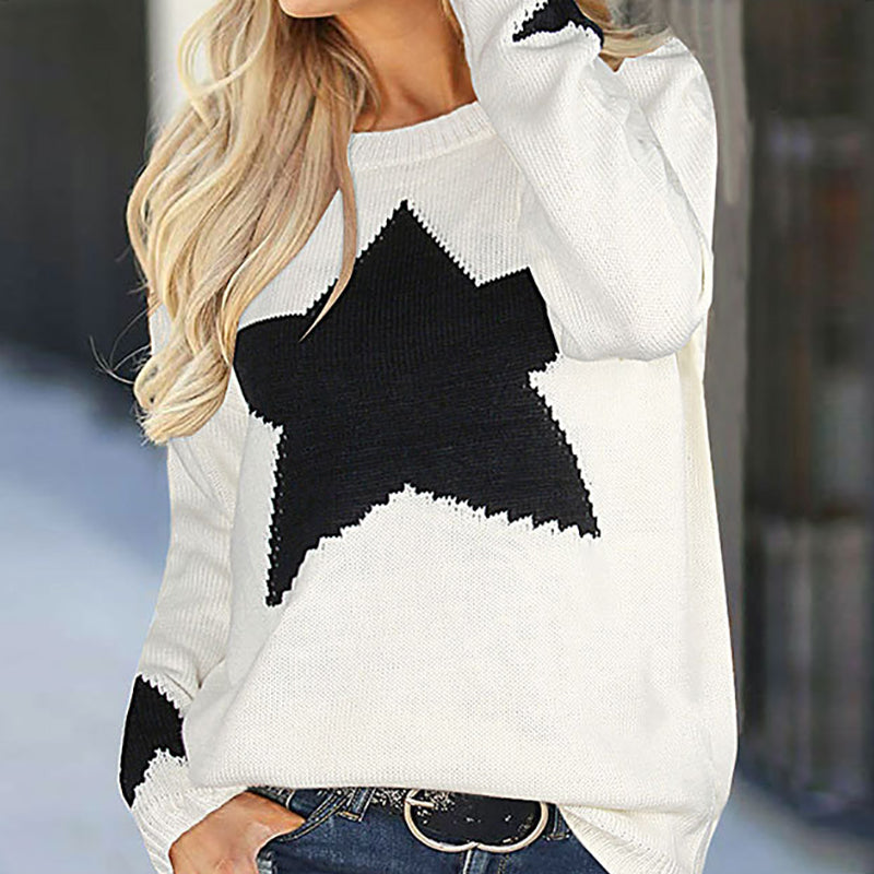 Casual Round Neck Star Printed Colour Long Sleeve Sweater