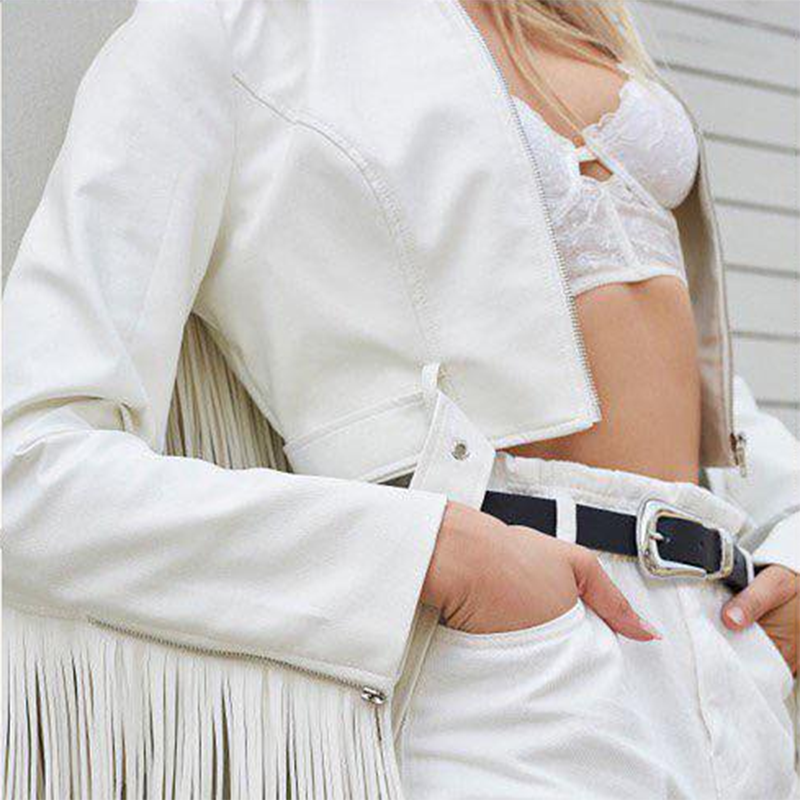 Vintage Fold-Over Long Sleeves Fringe White Short Jacket