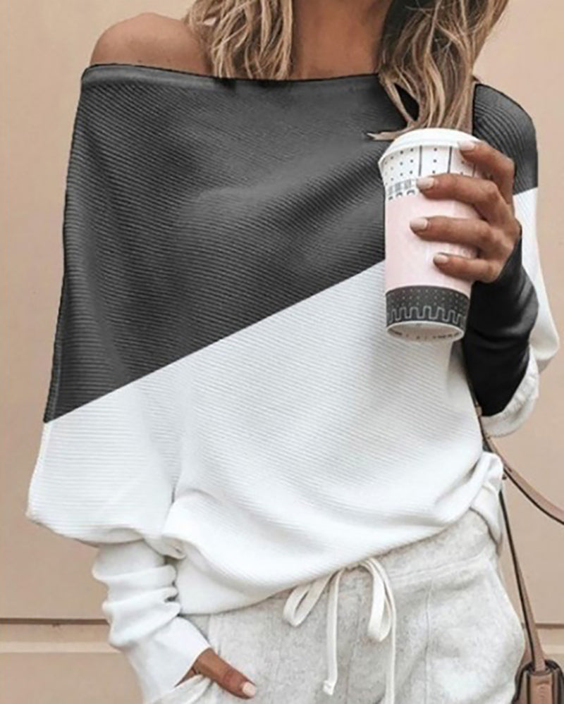 Casual Long Sleeve Contrast Color Sweaters